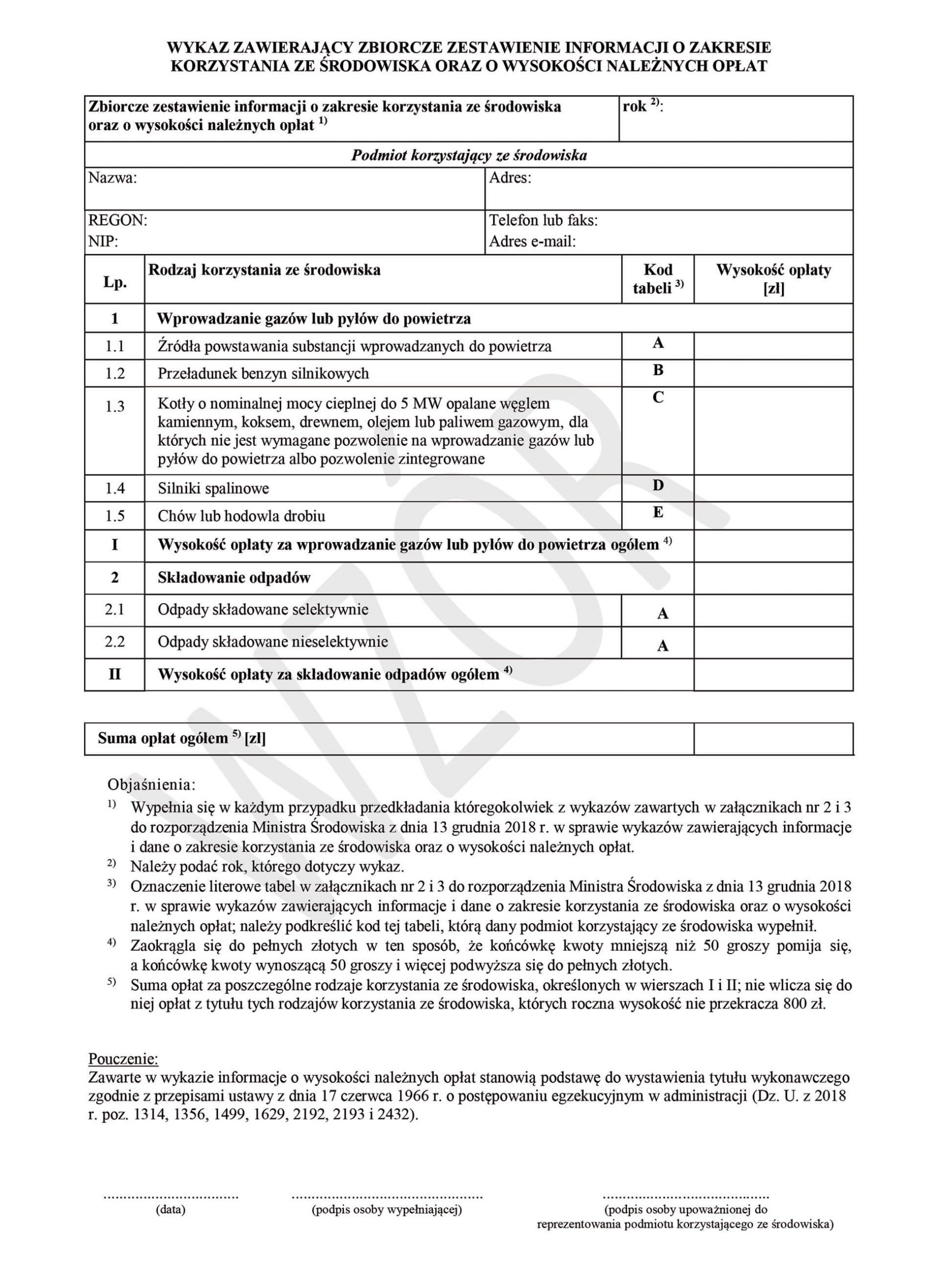 WYKAZ ZAWIERAJĄCY ZBIORCZE ZESTAWIENIE INFORMACJI O ZAKRESIE KORZYSTANIA ZE ŚRODOWISKA