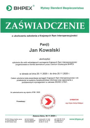 Zaświadczenie - Szkolenie z zakresu Krajowych Ram Interoperacyjności