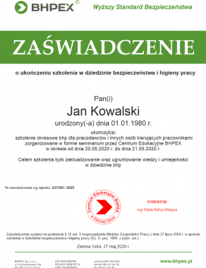 Zaświadczenie - szkolenie okresowe BHP dla pracodawców i innych osób kierujących pracownikami