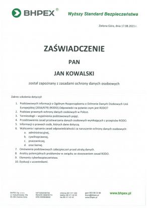 Wzór zaświadczenia - Szkolenie dla personelu przetwarzania danych osobowych