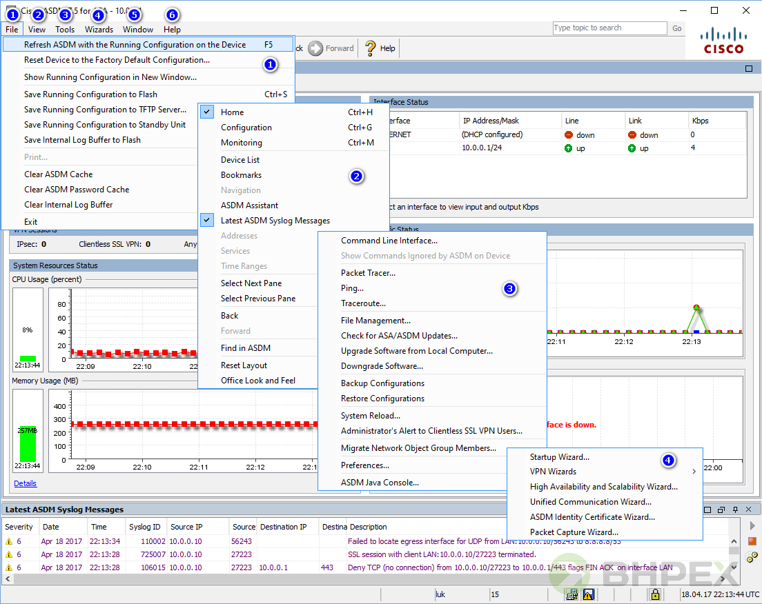 funkcje oprogramowania ASDM - menu górne