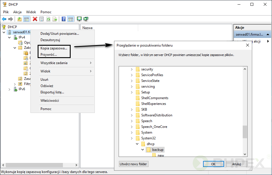 konsola DHCP kopia zapasowa