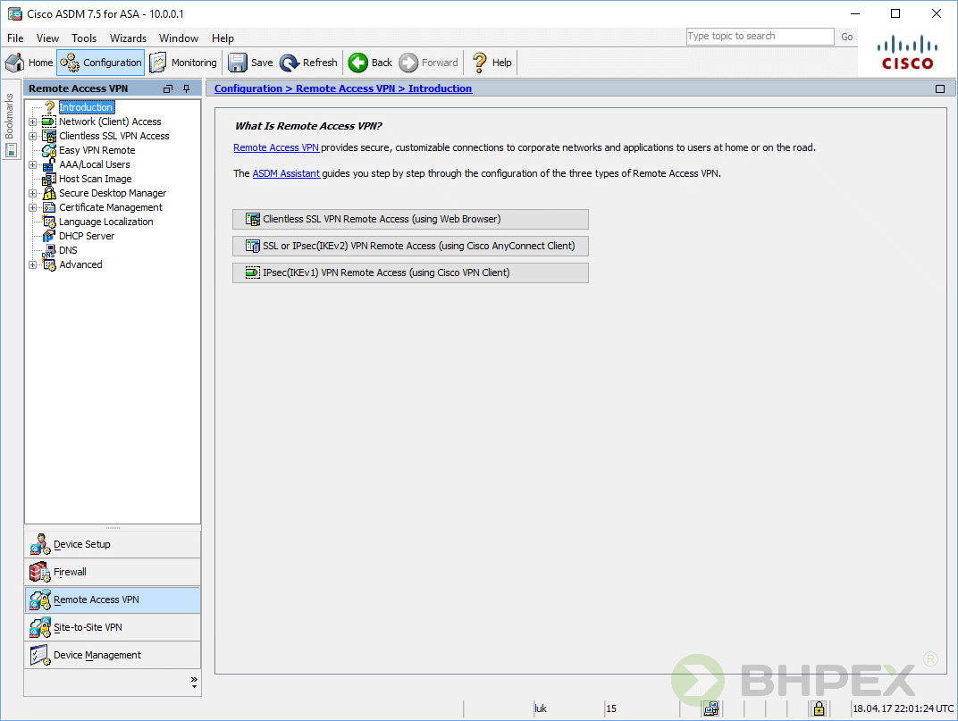 Opcje dostępne na zakładkach - remote Access VPN