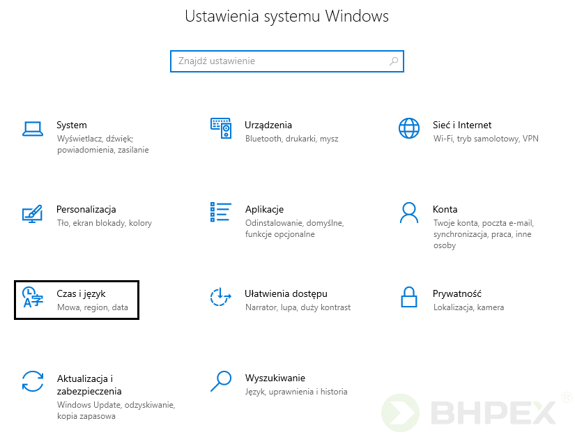 panel ustawień systemu windows