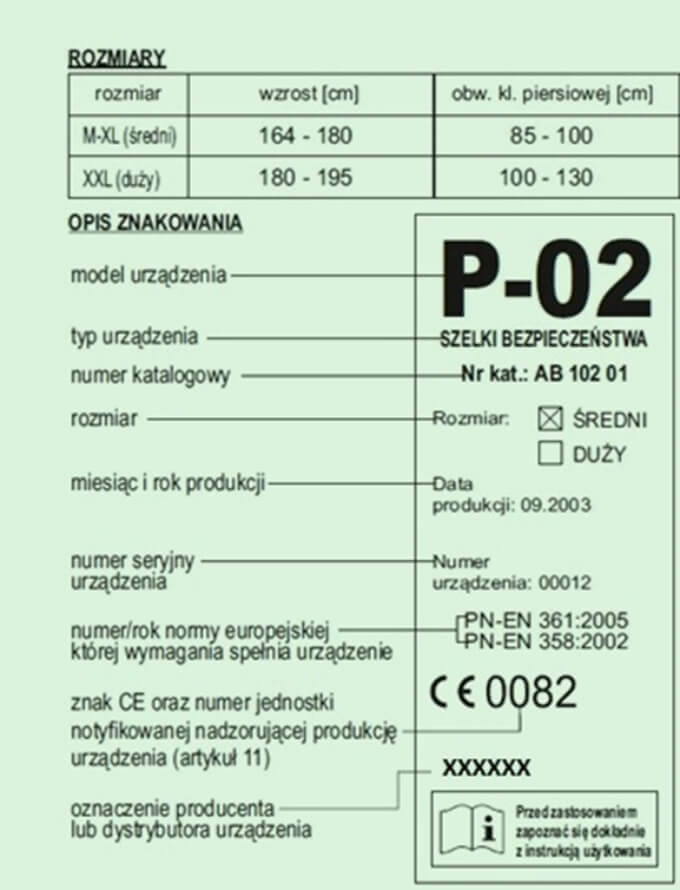 Przykładowe znakowanie na szelkach bezpieczeństwa