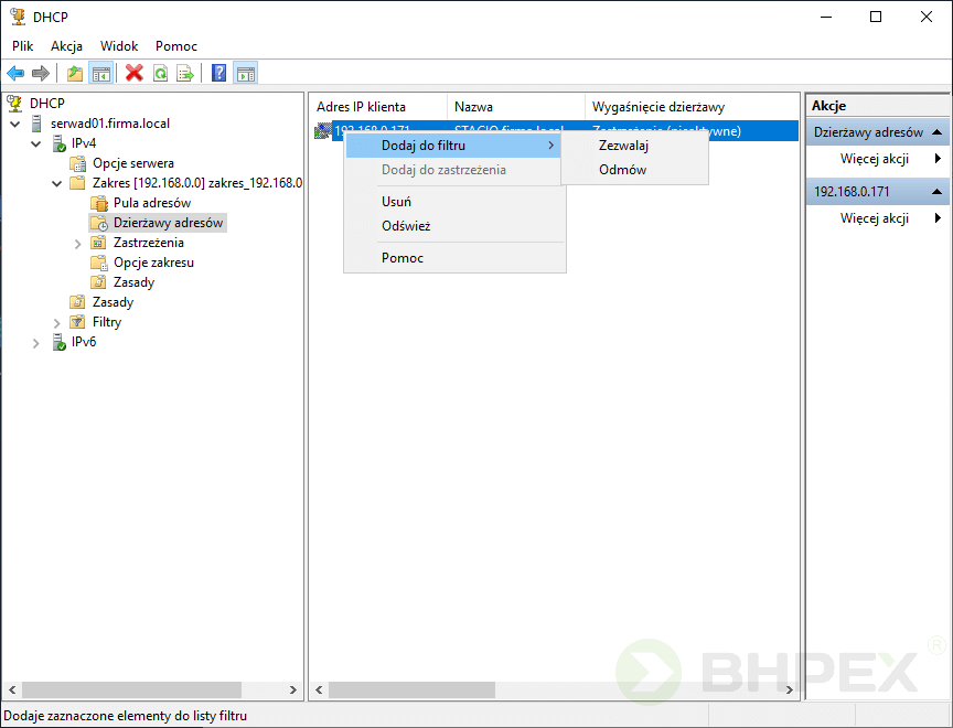 Serwer DHCP - filtry